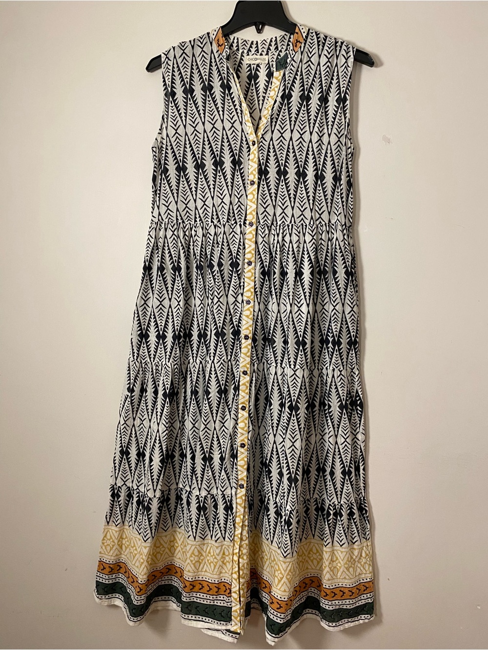 Black & White Geometric Sleeveless button front Maxi Dress with Yellow Border